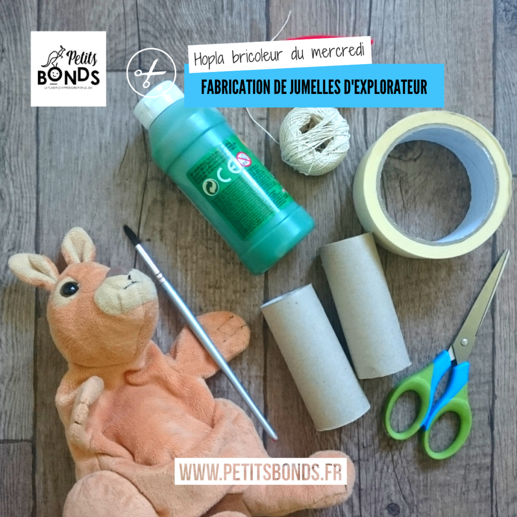 Hopla la marionnette kangourou de Petits bonds fabrique des jumelles d'explorateur