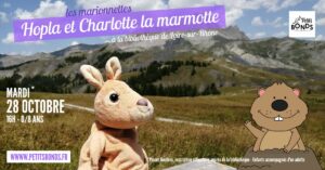Hopla marionnette kangourou de Petits Bonds à la bibliothèque de Loire-sur-Rhône avec charlotte la marmotte le 28 octobre 2025